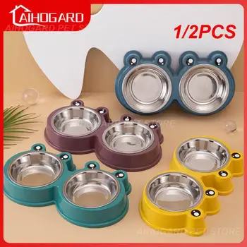 1/2PCS Pet Supplies & Pet Cute Small Frog Stainless Steel Double Bowl Non-slip Pet Bowl Dog Bowl Cat and Dog Food Basin