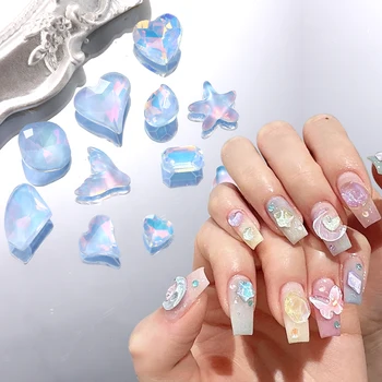12/10pcs Микс кристални кристали Aurora Stars Сърдечни талисмани за нокти Розови лилави диамантени камъни за нокти Русалка декорация GLEYZ