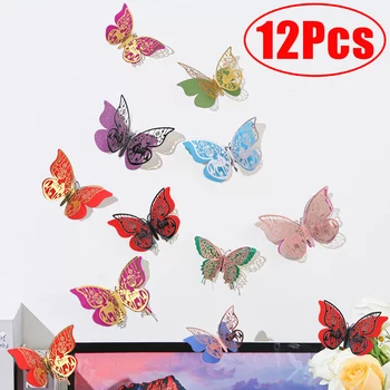 12Pcs / партида Цветни пеперуда Decals 3D куха пеперуда стена стикер за хол прозорец DIY занаятчийски консумативи Декорации за дома