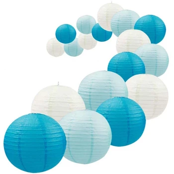  18Pcs Royal Blue Paper Lantern Set, за многократна употреба Висящи декоративни японски китайски хартиени фенери, лесен монтаж