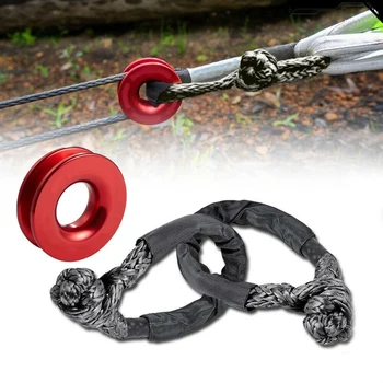 1X червен алуминиев пръстен за възстановяване + черни въжета за лебедка от синтетични влакна WLL 15000 lbs якост на скъсване 38000 lbs