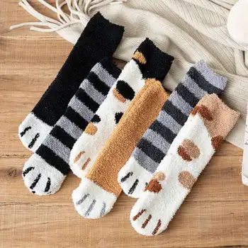 2 двойки нови дамски есенни и зимни плюшени чорапи жени сладък котешки нокът в тръба чорапи зимни изолирани удебелени дамски чорапи