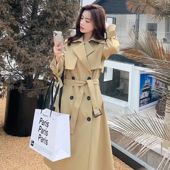 2023 Корейски модни тренччове с колан жени Елегантен двуреден ветровка Casual Long OverCoat Streetwear