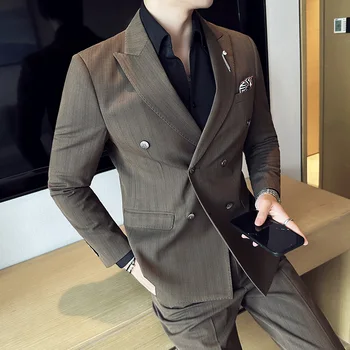 2023 Мода Нов мъжки ежедневни бутик двуреден плътен цвят Бизнес костюм Яке Панталони Панталони 2 бр. Комплект Блейзъри Палто