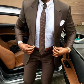 2023 Най-новите кафяви мъжки костюм палто панталони дизайни тънък годни елегантен смокинги сватба бизнес парти костюми 2 парчета (яке + панталони)