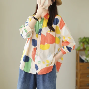 2023 Ново пристигане Корея стил рисувани графити печат Шикозна есенна блуза на сладко момиче Ризи Модни жени Пролетна ежедневна блуза