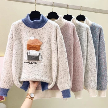 2023Есен Зима Нов пуловер Дамски модни якета с високо деколте карикатура пуловер All-Match палто плета дъно риза женски отгоре 454