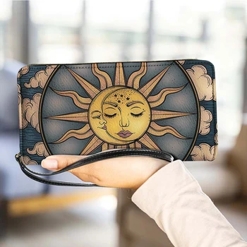 2024 Sun Design Дълъг портфейл за жени Притежатели на кредитни карти с голям капацитет PU кожена чанта за пари Женски съединител чанта с низ