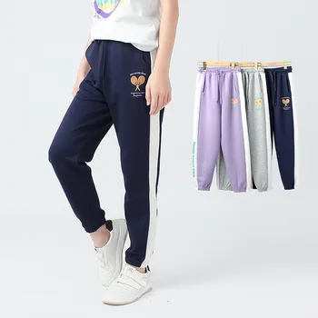 2024 Нова корейска версия мода момичета плетени панталони ластик с шнур деца пачуърк цвят спорт случайни панталони