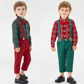 2024 Нова мода пролет есен детски дрехи комплект момчета господа рокля дълъг ръкав карирана риза + каишка панталони детски костюм