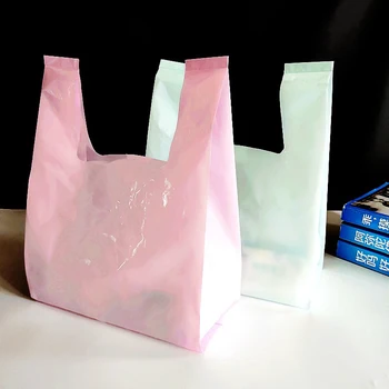 50Pcs / пакет супермаркет сгъсти жилетка пластмасова торбичка дрехи пазаруване подарък чанта с дръжка храна за вкъщи опаковка парти чанти