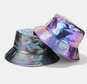 50pcs Унисекс лазерна метална шапка Коледа бар парти мода холографски слънце шапка открит пътуване плаж рибар кофа капачка сребро