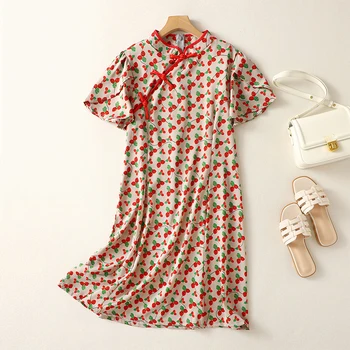 9181 Череша печат китайски стил реколта пан-ключалката рокля женски лятото мода къс ръкав случайни хлабав елегантен Cheongsam Frock