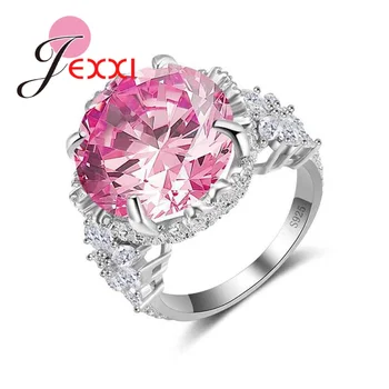925 стерлинги сребърна игла бижута за жени дами ясно розов кристал кръгъл пръстен елегантен сватба годежно парти Bague Bijoux