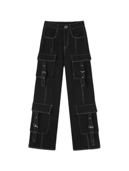 Baggy дънки жени карго панталони реколта висока талия Streetwear дънкови панталони черен готически дрехи джобове направо широк крак панталони