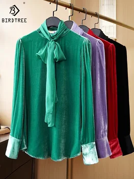 Birdtree 100% истинска коприна елегантна модна кадифена риза шал яка дълъг ръкав ретро блузи за жени 2023 есен зима T3D270QM