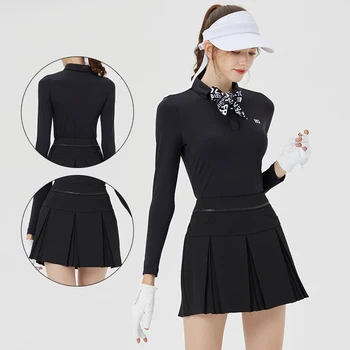 Blktee жени Bowknot тънък голф риза дами пълен ръкав черни върхове дами плисирана мода пола висока талия спортни Skort комплекти
