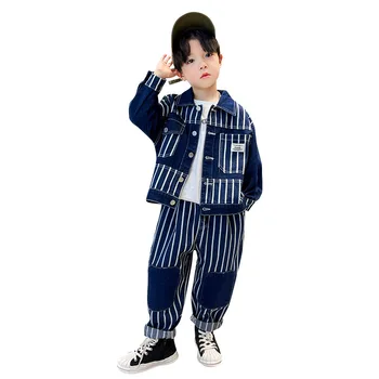 Boys Clothes Fashion Casual Suit Spring New Striped Denim Jacket Top + Patchwork Jeans 2pcs Teen Outfits Streetwear Set 4-14 Yrs