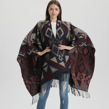 Cape Poncho Cloak Жените Модни Имитират Кашмир Есен и Зима Дама Шал Бохемски Пътуване Климатик Стая Шал
