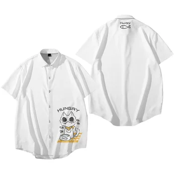 Cartoon Hungry Cat Printed Summer Hawaiian Streetwear Fashion Casual Short Sleeve Beach Shirt Camisa
