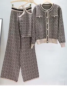 Casual Set Контрастна ивица трикотаж + Панталони с висока талия Комплект от две части 2023 Нова мода Дамско облекло