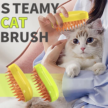 Cat Steamy Brush Dog Brush 3 в 1 Електрически спрей Котешки четки за коса за масаж Мек силиконов домашен любимец Grooming гребен котка аксесоари