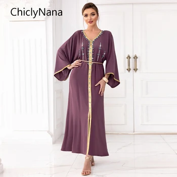 Chiclynana Нов ръчно изработен шиене диамант къс ръкав рокля пътуване парти знаменитост турски арабски мюсюлмански коприна дълги рокли