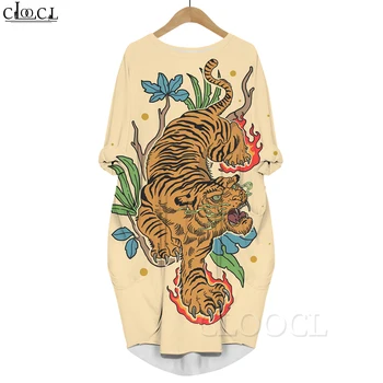 CLOOCL ретро печатна рокля Зодиак оживен тигър живопис модел дълги ръкави джоб рокля хлабав вечерна рокля дропшипинг