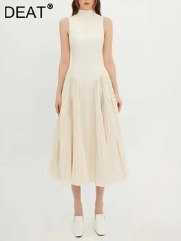 DEAT Дамска модна рокля О-образно деколте Талия без ръкави Плисирана пачуърк Елегантни рокли за парти дизайн Лято 2024 Ново 13DB4190