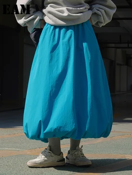 [EAM] Висока еластична талия Синя дебела памучна подплатена Aline пола с половин тяло Дамска мода Tide Нова есен Зима 2024 1DH2758