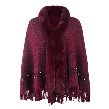 Fur Collar Зимни шалове и обвивки Дамски зимни пончота и пелерини ръкав жилетка Нов леопард Cape Coat Lady Cloak Red