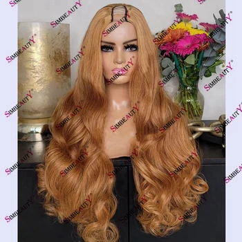 Glueless Easy Install Human Hair U Part Wig Blonde Color 200Density Light Ginger Super Wave Remy Indian Hair V Part Wig 30inches