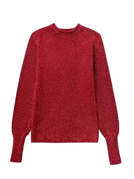 HH TRAF 2024 есенен пуловер за жени мода O-образно деколте плетени без гръб тънки пуловери женски диви реколта жените пухкав пуловер