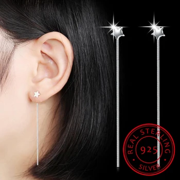 Hot Продажба 925 стерлинги сребърна звезда дълги пискюл обеци за жени ухото линия pendientes oorbellen S-E466