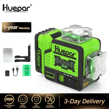 Huepar 2 x 360 Напречно линейно лазерно ниво, самонивелиращо се зелено греди Инструменти за ниво с Bluetooth & Дистанционно управление & Твърд калъф за носене