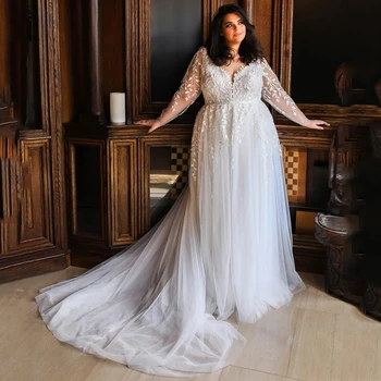 Illusion дълги ръкави V врата vestidos de novia романтичен плюс размер сватбени рокли апликации Vestido De Noiva