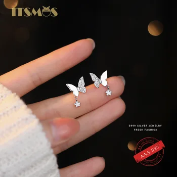 ITSMOS S999 стерлинги сребро циркон асиметрични пеперуда обеци луксозен френски премия малки цветя отпадане обеци за жени