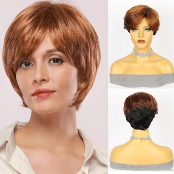 Lady Short Ginger Black Synthetic Wigs With Bangs For Women Pixie Cut Hairstyle Women Daily Cosplay Natural Looking Hair Wigs