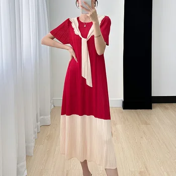 Miyake Плисирана елегантна рокля за жени 2023 Лятна нова плисирана свободна средна дължина пачуърк сортирани цветове A- линия рокли жени