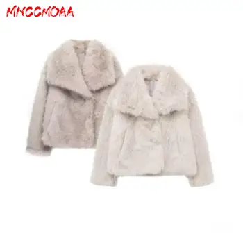 MNCCMOAA 2024 Зимна жена мода хлабав топло изкуствена кожа късо яке палто женски случайни дълъг ръкав джобове връхни дрехи