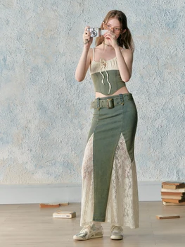 Multi-Style American Retro Denim Top Sheath Skirt Slim-Fitting Patchwork Suit European and American Fashion Tight Skirt Long