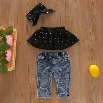 New Arrival Summer Girls' Clothing Cotton Black Dot Printed Ruffled Tube Tops Ripped Long Pants 3 Pieces Children Set