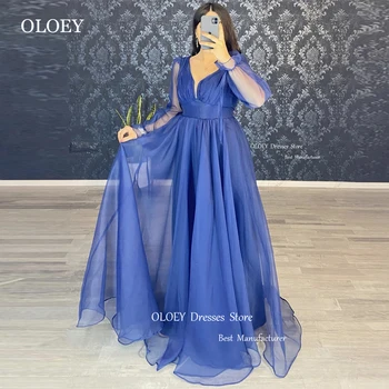 OLOEY Скромни сини копринени органза абитуриентски рокли Реколта арабски жени V врата дълги ръкави вечерни рокли майка официално парти плюс размер