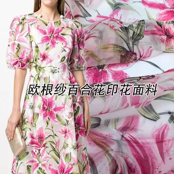 Pink Lily Organza Printed Polyester Printed Fabric Thin See-through Clothing Shirt Brand Diy Cloth for Dress Fabrics Per Meter