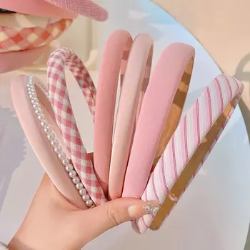 Pink гъба ленти за глава за жени момичета сладък карирана лента за коса грим модерен лента за коса жени аксесоари за коса шапки