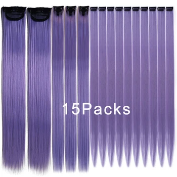 Pink лилаво цвят Ombre 16 клипове в косата разширение дълго направо кафяво черно 15 бр / комплект 22 инча синтетична коса парче за жени