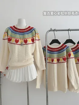 Preppy стил бежов пуловер жени O-образно деколте плетен пуловер извънгабаритни мода Harajuku сърце жакард дъга джъмпер есен зима
