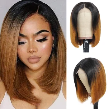 Straight Bob Wig Honey Blonde Wig 13x4 Lace Frontal Hair Wig бразилски Remy Hair Tow Tone перука за жени Deep Part With Baby Hair