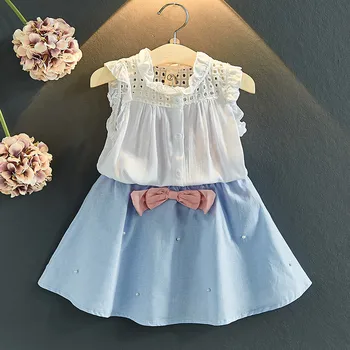 Summer Girls Clothes Sets Sleeveless Shirt Tops+Bow Skirt Korean Children Clothing Suits New Toddler Girl Clothes 2 3 4 5 6 7Yrs
