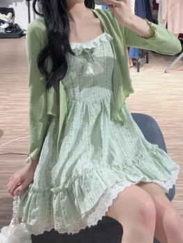 Summer японски Kawaii две части комплект жени печат сладка дантела каишка рокли костюм женски зелен Франция елегантен мини рокля костюм 2023